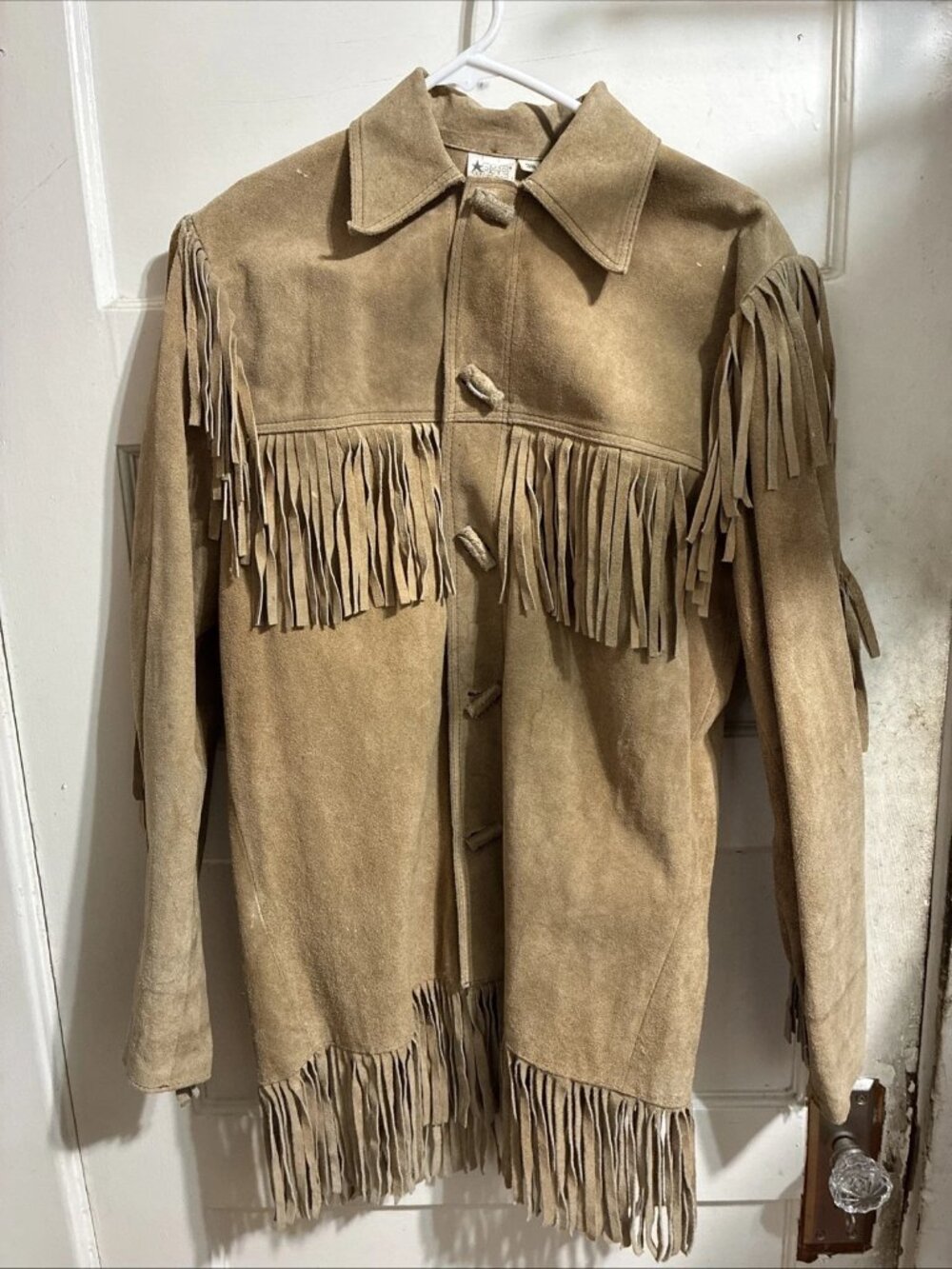 Vintage Old West Western Fringe Beige Suede Leather Jacket Sz 38